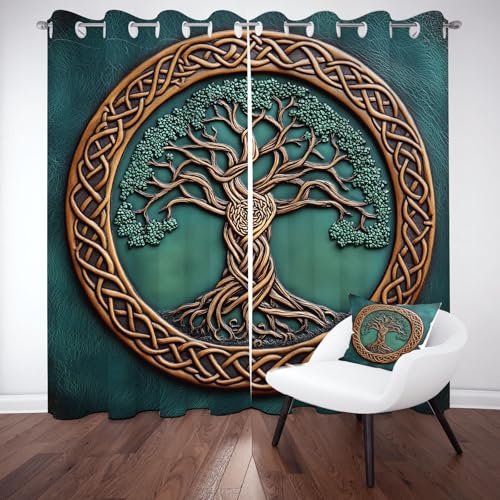 Meugesoi Arbre de Vie Rideau Occultant L140 x H225 CM Lot de 2, Noeud Celtique Viking Rideaux Thermique Isolant Anti Froid Chambre Rideau Isolation Phonique Opaque à Oeillets