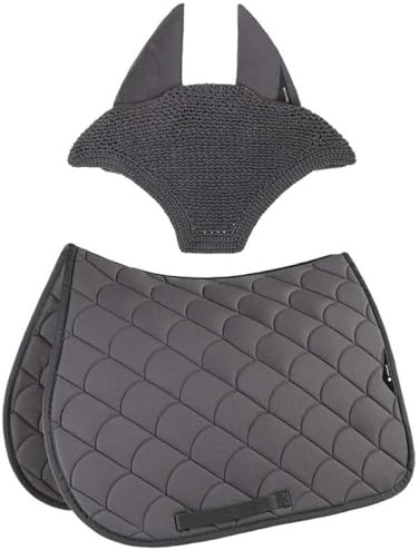 Equiline Set Sottosella e Cuffietta Abbinata per Monta Inglese, Cavallo, Salto Ostacoli, Dressage Vibe con trapuntatura Anti-Shock Traspirante (Grigio, Full, sottosella da Salto)