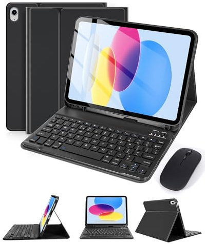 kantaj Funda con teclado Bluetooth con mouse para iPad A16 de 11ª generación 2025/10ª generación 2022 de 10.9 pulgadas, funda de teclado desmontable con soporte para lápices para iPad 11/10 generación