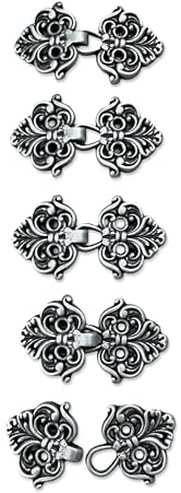 5 Stück kleine silber Metall Verschlüsse zum Annähen - dekorative Haken & Ösen 3,7 cm x 2 cm Ornament Verschluss für Trachten, DIY Handarbeit, Jacken