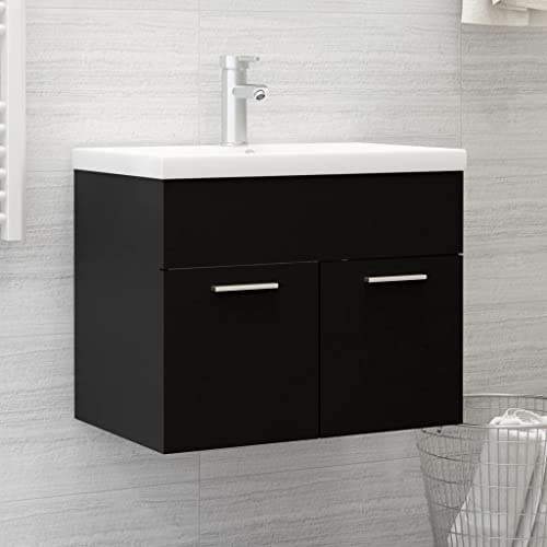 KTHLBRH Mueble de Baño con Lavabo de Cerámica y Grifo Incluido, Armario Almacenamiento 1 Compartimento 2 Puertas, Fregadero con Rebosadero y Superficie Acristalada para Aseo o Cuarto
