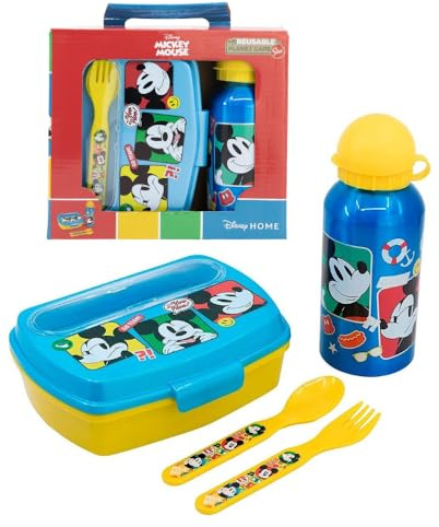 CARTOON Set Pranzo per Bambini Topolino Disney completo portamerenda Lunch Box con Posate e Borraccia in alluminio 400 ml Perfetto per Scuola e Attività Sportive