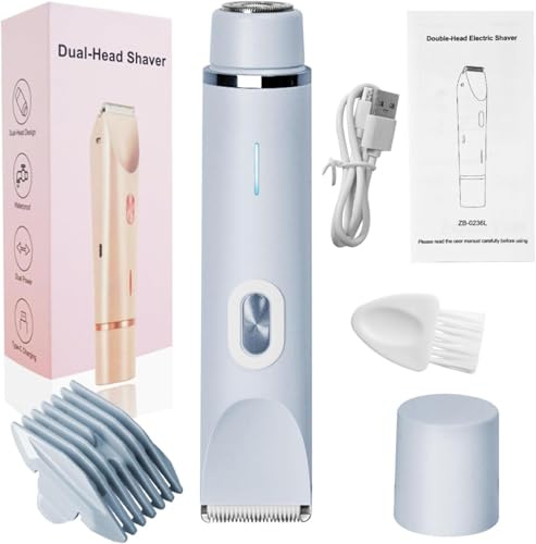 Klyne - Rasoio elettrico 2 in 1 da donna per pelli sensibili, bikini Clipper e ricarica USB, impermeabile IPX7, per bikini, gambe, ascelle e naso (blu)