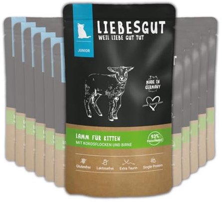 Liebesgut Nourriture bio pour chat Agneau humide avec flocons de coco et poire, extra viande, 12 x 100 g