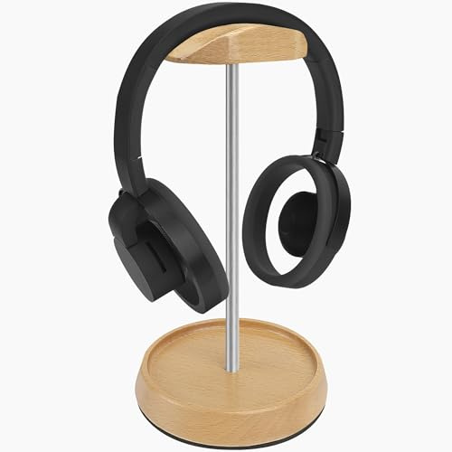 GEEKRIA for Creators Wooden Headphone Stand with Aluminum Holder, Beech Wood Headset Holder for Desk with Cable Storage Base, Compatible with Sony WH-1000XM6, Bose QC Ultra, Beats, Razer