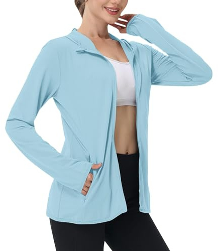 Veste de Sport Femme avec Capuche, UPF50+ Veste Protection Solaire, Sweat a Manche Longue Légère Zippé Sun Hoodie Respirant avec Poches Chemise Anti UV Ete Shirt Femmes pour Running Randonnée Cyclisme