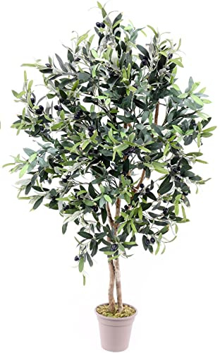 Oliven Kunstbaum 125cm mit 960 Textilfaser Blätter und Naturstämme - Künstlicher Olivenbaum mit Früchten