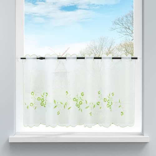 HongYa 1 Stück Scheibengardine, transparent, Bestickt, Blumen, Dekoration, Küche, Büro, Erkerfenster, natürlich, einfach, grün, H/L, 60/120 cm