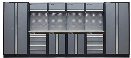 Kraftmeister Werkstatteinrichtung - Männerküche mit 10 Schubladen und 8 Schränken - Werkzeugschrank, Garage - modulares Werkbank mit Holzarbeitsplatte (Multiplex) und Werkzeugwand - Grau
