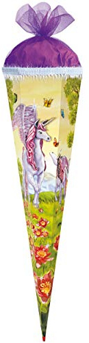 Schultüte - Einhorn - Pegasus/Pferd Unicorn - 85 cm - eckig - Tüllabschluß - Zuckertüte - mit Holzspitze - Roth - Mädchen - Pferde Blumen Schmetterlinge..