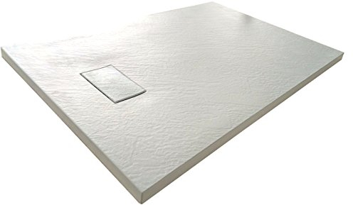 Piatto Doccia H.2,6 cm In Vetro-resina SMC Effetto Pietra Stone Ardesia Piletta Doccia Inclusa (80x140 h 2.6cm, Bianco)