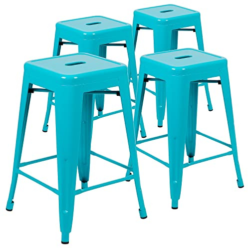 Flash Furniture Lily 24 High Metal Counter-Height, Indoor Bar Stool in Teal - Stackable Set of 4