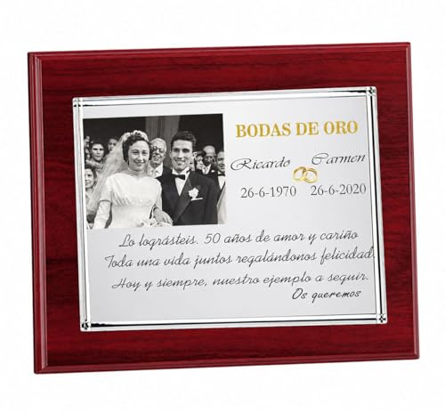 Curia Grabador - Placa Conmemorativa de 50 Aniversario Grabada en Madera - Placa grabada personalizada Con Foto y Texto a Elección - Regalos bodas de oro en madera