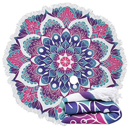 Violet Mist Mandala Round Beach Towel Blanket, Oversized Circle Microfiber Hippie Boho Bohemian Sandproof Flower Towel, Soft 60 inch Beach Towels with Tassels for Women Adult Swim Pool Yoga, Purple