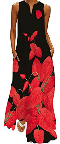 WINKEEY Femme Robe Longue Imprimé Floral Maxi Robe Bohème avec Poches sans Manches Grande Taille