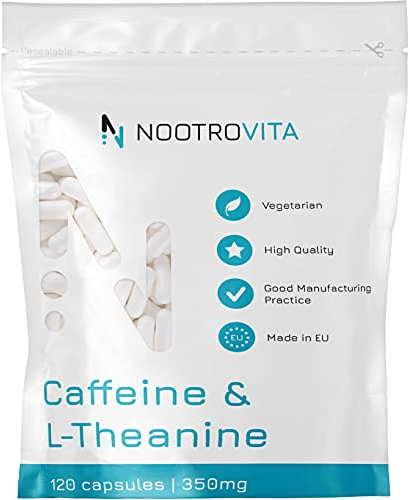 Koffein L Theanin | 350mg | 120 Kapseln | Bessere Konzentrationsfähigkeit, Aufmerksamkeit, Stimmung und Wachsamkeit | Vegan Koffeintabletten 100mg mit L-Theanine 250mg | Nootrovita