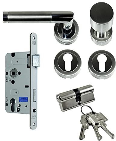 SN-TEC Zimmertür/Wohnungstür Komplett Set, Design Rosetten Beschlag L-Form (einseitig Knauf) + PZ Schloss (DIN Rechts) + Profilzylinder