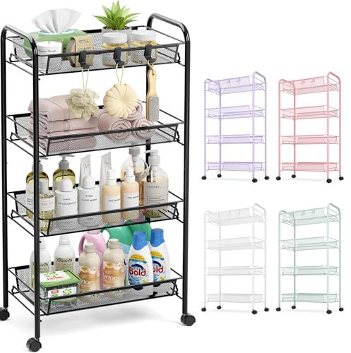 TOOLF 4-Tier Rolling Cart, Metal Utility Cart with 3 Hooks, Easy Assemble Mobile Storage Trolley On Wheels, Metal Shelving Units Kitchen Bathroom Laundry Room