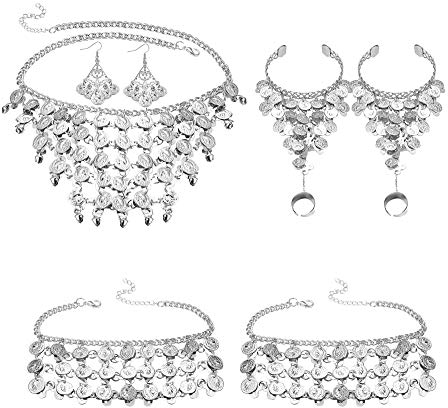 Kakonia Bauchtanz-Schmuckset für Frauen, Boho, Vintage-Münzen, Halskette und Ohrringe, Armbänder, Fußkettchen, Halloween-Tanzspielzubehör im indischen Stil Silber