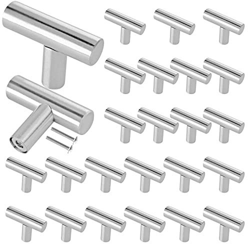 Cjueiom Brushed Nickel Cupboard Knobs, 50mm, 25 Pack | T Bar Handles, Stainless Steel, Silver, Wardrobe Door Knobs, Kitchen Cabinet Knobs