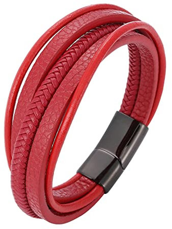 Ayoiow Männer Armband Indianer, Armreifen Edelstahl Armband Geflochten Leder Mehrschichtige Rot Armband