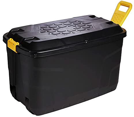 STAR SUPPLIES Strong Black XL Heavy Duty Storage Trunk With Wheels | Lid & Handles Indoor Outdoor Storage Box