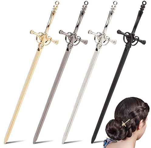 WEBEEDY 4 horquillas de espada de metal para moños, palillos de pelo de estilo chino, accesorios para mujer, pelo largo y grueso, uso diario, regalo único de Navidad (4 colores)