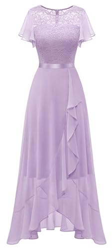 BeryLove Formal Dresses for Women Wedding Guest Ruffle Short Sleeve Elegant Cocktail Bridesmaid Party Prom Homecoming Dress High Waist Lace Long Evening Gown 51 Lavender M