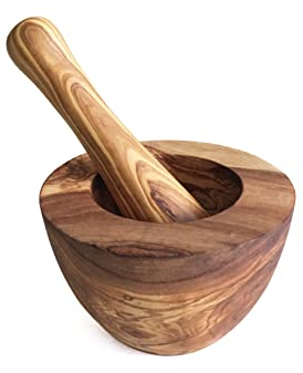 medina mood Mortier avec pilon aplati, diamètre au choix, mortier de cuisine, mortier d'épices, bois d'olivier (Ø 10 cm)