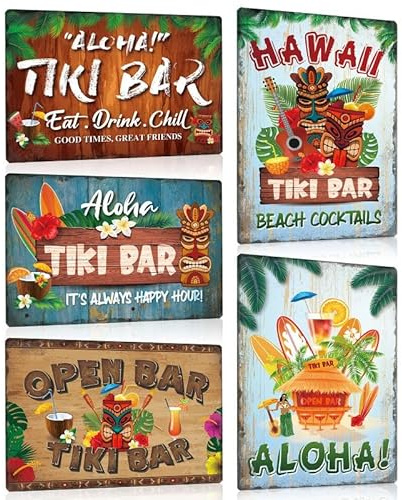 5er Set Blechschild Retro Tiki Bar - Hawaii Beach Cocktails Metallschild - ALOHA - Schild mit Spuch Lustig Witziger Deko Geschenk 20x30cm