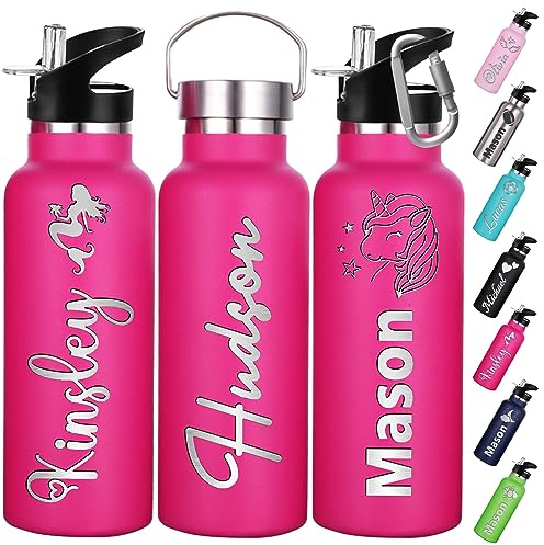 Personalisierte Trinkflasche Kinder mit Namen Gravur 350ml 750ml Personalisiert Flasche mit Strohhalm Deckel Edelstahl Thermosflasche Geschenk für Die Schule Sport Büro Im Freien