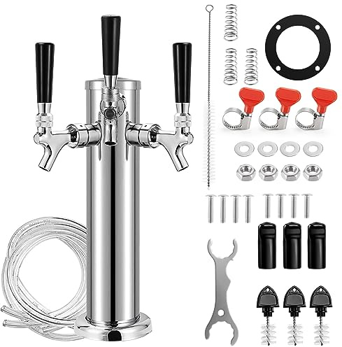 MRbrew Beer Tower Dispenser, 3 Taps, Kegerator Tower, Stainless Steel, Pull Beer Tower Dispenser Kit with Pre-Installed Hose and Self-Closing Faucet, Drink Tower Dispenser for Countertop and