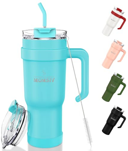 MOMSIV 40oz Thermobecher mit Stroh und Griff, 1100ml Kaffeebecher, Doppelwandiger Edelstahl Vakuum Auslaufsicher Isolierbecher Autobecher mit Deckel für Kalte Heiße Getränke, Blau