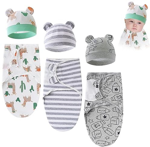3er Pucksack Baby 0-3 Monate, Unisex Baby Wickeldecke Baby Schlafsack mit Mütze, Pucksack aus Baumwolle für Neugeborene,Baumwolle Swaddle Decke für Neugeborene Babys, Unisex, 70x50cm