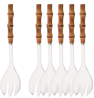 6Pcs Bamboo Handle Salad Spoon Fork Dinnerware Set Stainless Steel Kitchen Food Server Utensils Gold Tableware Restaurant Tools (Color : Silver Service Spork)