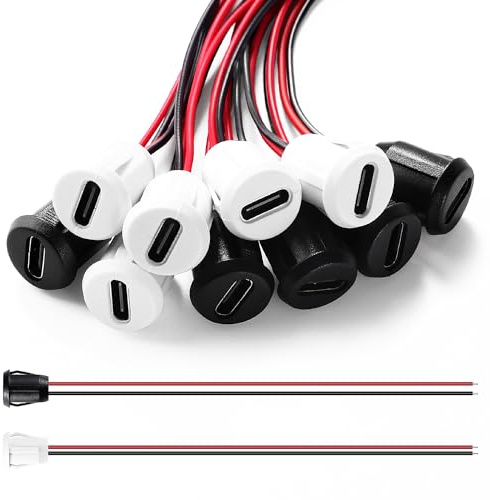 KUOQIY 10 Pièces USB-C Femelle 2 Fils Connecteur de Prise 3A, Ronde Connecteur USB-C Femelle 2 Fils avec Boucle à Rainure à Pression, USB Type-C Souder Connecteur avec 150mm 24 AWG, Noir+Blanc