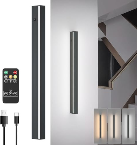 Klighten 5W LED Akku Wandleuchte Dimmbare, Anthrazit Kabellos 60cm Wandlampe mit Fernsteuerung, Lange Wiederaufladbar Wandleuchten mit Timer-Funktion für Schlafzimmer Wohnzimmer Korridor Treppenhaus