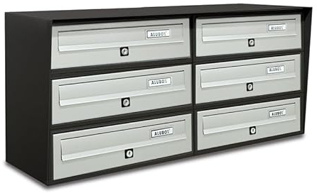 ALUBOX Briefkastenanlage 6 Fächer Slim 37,8x77,5x30 cm aus Verzinktem Blech und Aluminium Außenbriefkasten mit Entnahmeschutzsystem (ANTHRAZIT UND Silber)