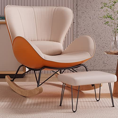 CVNIMV Hochwertiger Schaukelstuhl mit Liegefunktion, passender Fußhocker, modischer Lazy Rocker, Schaukelstuhl aus Holz und Metall, Stoffsessel aus der Mitte des Jahrhunderts, Stillstuhl,