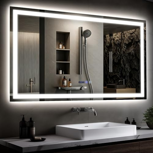 Mursche Spiegel Bad Badspiegel mit Beleuchtung,60x100cm LED Wandspiegel | IP44 Badezimmerspiegel mit Touch-Schalter und Uhr Entfogger-Funktion Badezimmer Lichtspiegel Dimmbar 3000K-6500K