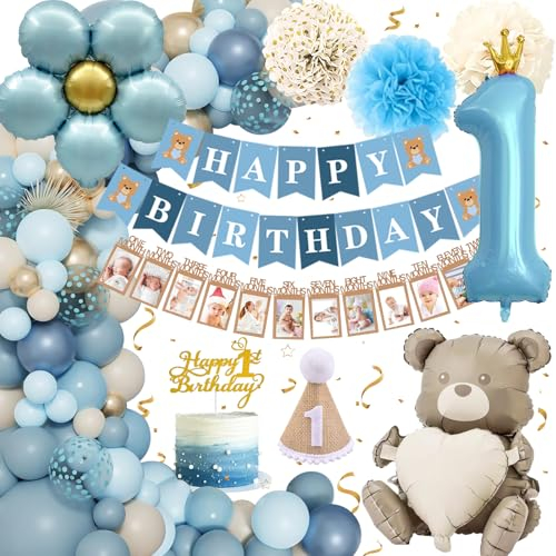 1. Geburtstagsdeko, Deko 1. Geburtstag Junge mit Ballon Zahl 1, Geburtstagsbanner, Geburtstagsmütze und Fotobanner, Luftballons Geburtstags Bär Thema für Party Dekoration 1 Jahr Geburtstags Baby Junge
