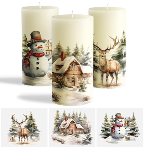 3Pcs Tatouage de Bougie Noël Autocollant Sticker Décoration pour Chandelle Céramique (Paysage de Neige)