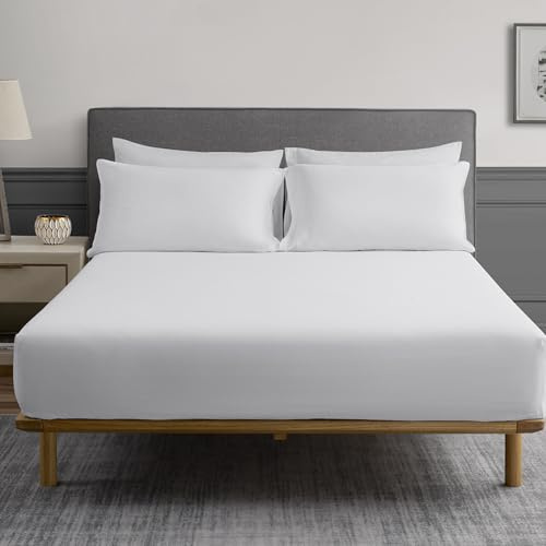 DAPU Spannbettlaken Halbleinen, 160×200cm Bettlaken mit 30cm Tiefe Tasche für Matratze, Weiches Atmungsaktives Leinen Baumwolle Spannbetttuch, Hohe Matratzenbezug, Weiß