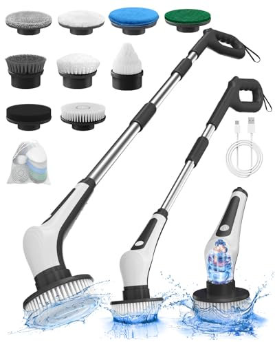 Electric Spin Scrubber, IPX8 Waterproof Cordless Electric Cleaning Brush with 9 Replaceable Brush, 360 Power Scrubber for Cleaning Bathroom Shower Tub Kitchen