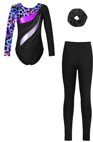 Freebily Mädchen Turnanzug Langarm Mit Hose Lang Kinder Beduckte Gymnastik Body Leggings Shorts Und Haargummi Wettkampf Tanzkleidung