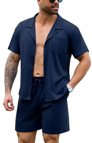 Irdcomps Pyjama Homme Coton Court Ete Ensemble de Pyjamas été Vêtements De Nuit Vêtements de détente à Manches Short Pyjama Loungewear 2 Pièces Confortable Doux 25#Bleu Foncé M