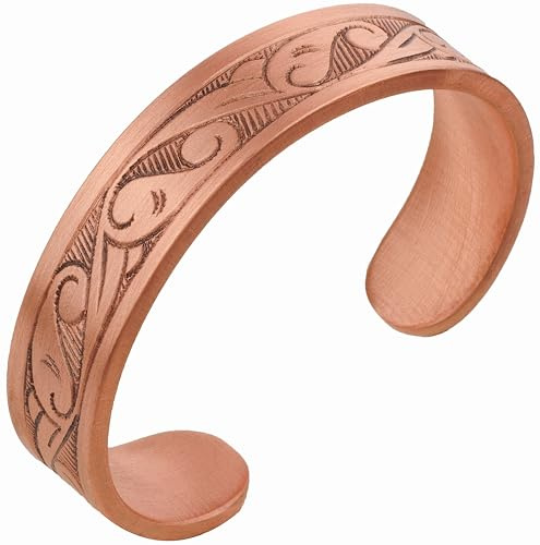 DEMMEX - Brazalete de mancuerna de cobre macizo puro grabado de calidad superior de 3 mm de grosor para hombre y mujer – Cortado, moldeado, grabado a mano – El más grueso de su tipo – Acabado mate