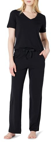 Amazon Essentials Ensemble t-Shirt à Manches Courtes et Pantalon en Coton Doux mélangé pour Femme, Noir, Taille L