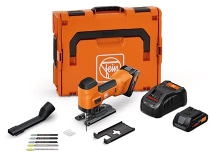 FEIN Batteridriven sticksåg för metall och trä 26 mm F-IRON Jig 26 AS Set 2 x 4 Ah. Kraftfull sticksåg för metall och trä för exakta och kurviga skärningar. 2 ProCore 18V 4Ah och laddare
