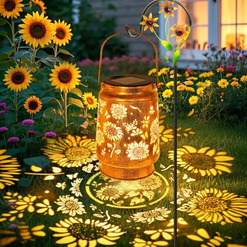 Sunflower Solar Lanterns Outdoor Waterproof, Mothers Day Gifts for Women Mom Grandma, Metal Hanging Lantern Solar Lights LED Decoration with Shepherd Hook Outside for Yard, Patio, Porch, Garden Decor